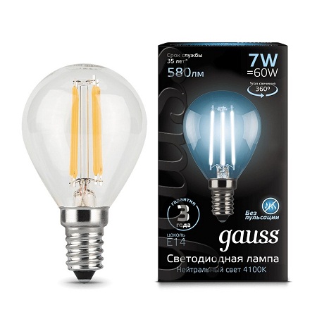 Лампа св/д Gauss Filament Шар E14 7W(580lm) 4100 105801207