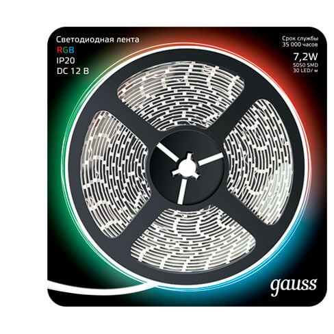 Лента св/д Gauss 5050-SMD 7.2W 12V 5м RGB 312000407