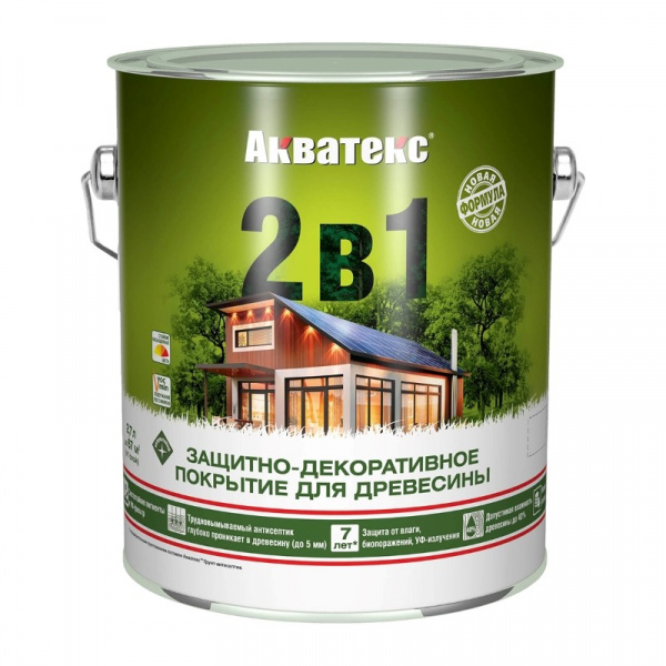 Защитно-декоративное покрытие для дерева Акватекс 2 в 1, полуматовое, 2,7 л
